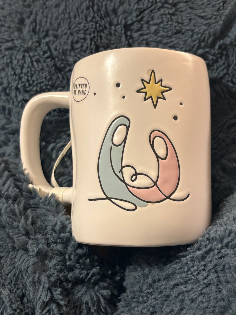 Rae Dunn Ceramic Nativity Mug with Pastel Blue and Pink Figures New with Tags
